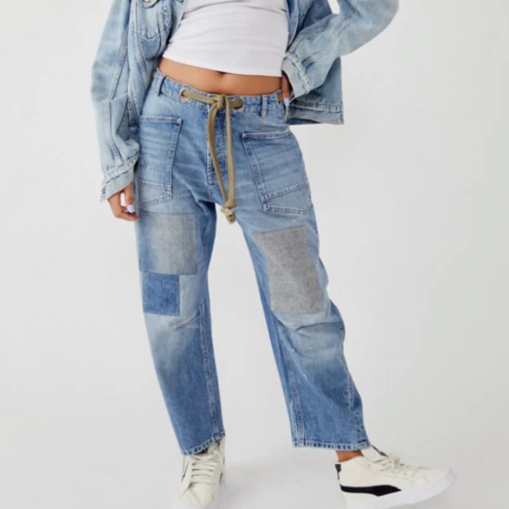 Free People Blue Patchwork Boyfriend Jeans